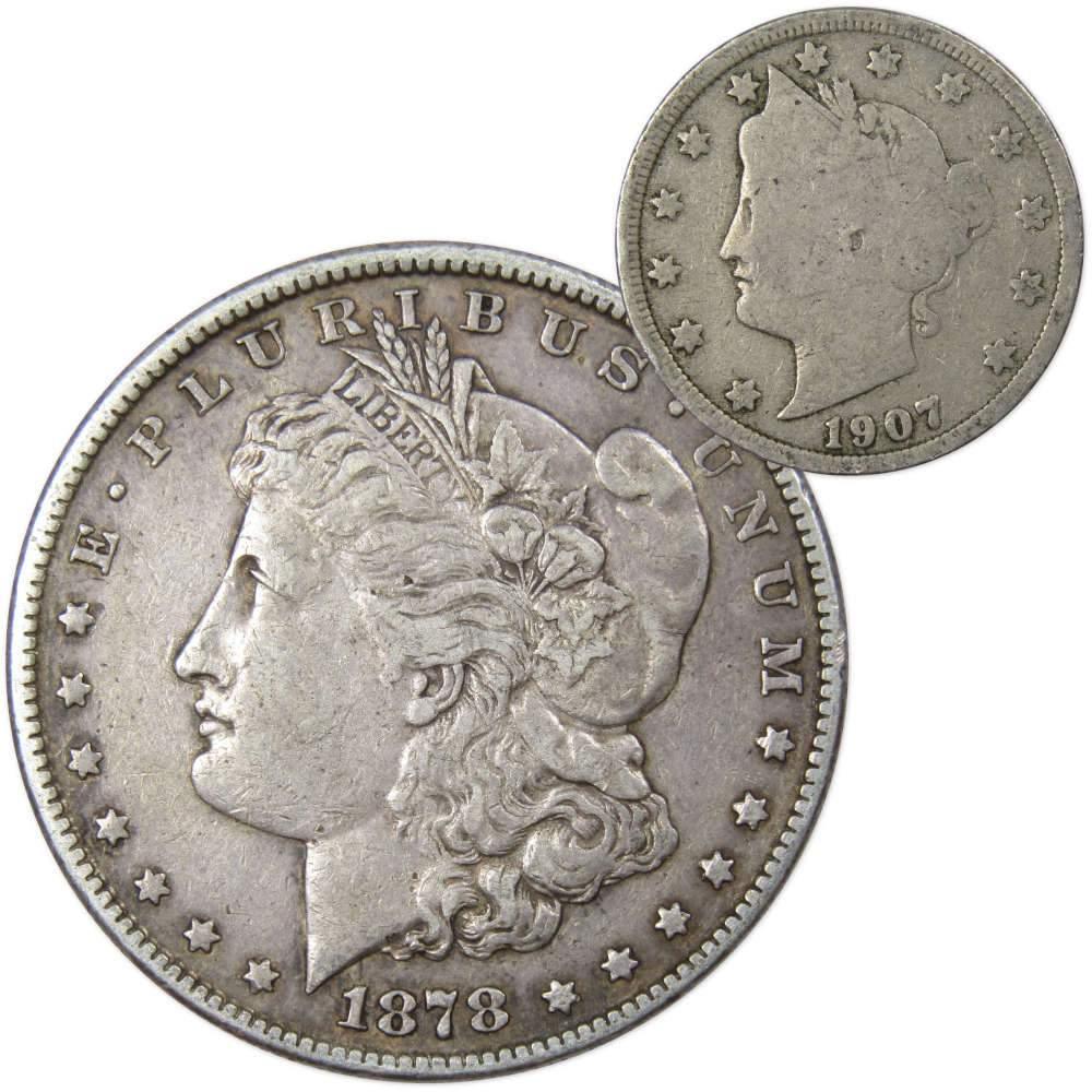 1878 S Morgan Dollar VF Very Fine 90% Silver with 1907 Liberty Nickel G Good - Morgan coin - Morgan silver dollar - Morgan silver dollar for sale - Profile Coins &amp; Collectibles