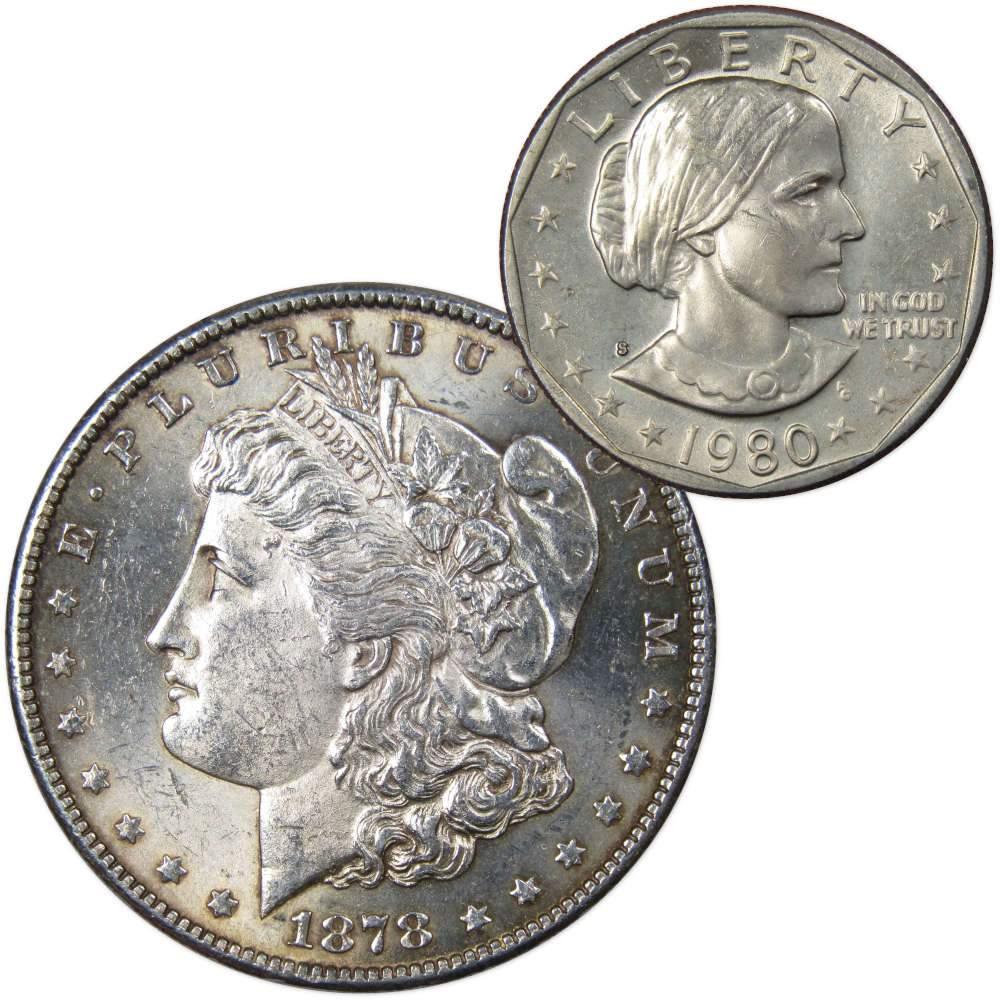 1878 S Morgan Dollar AU About Uncirculated with 1980 S SBA$ BU Uncirculated - Morgan coin - Morgan silver dollar - Morgan silver dollar for sale - Profile Coins &amp; Collectibles