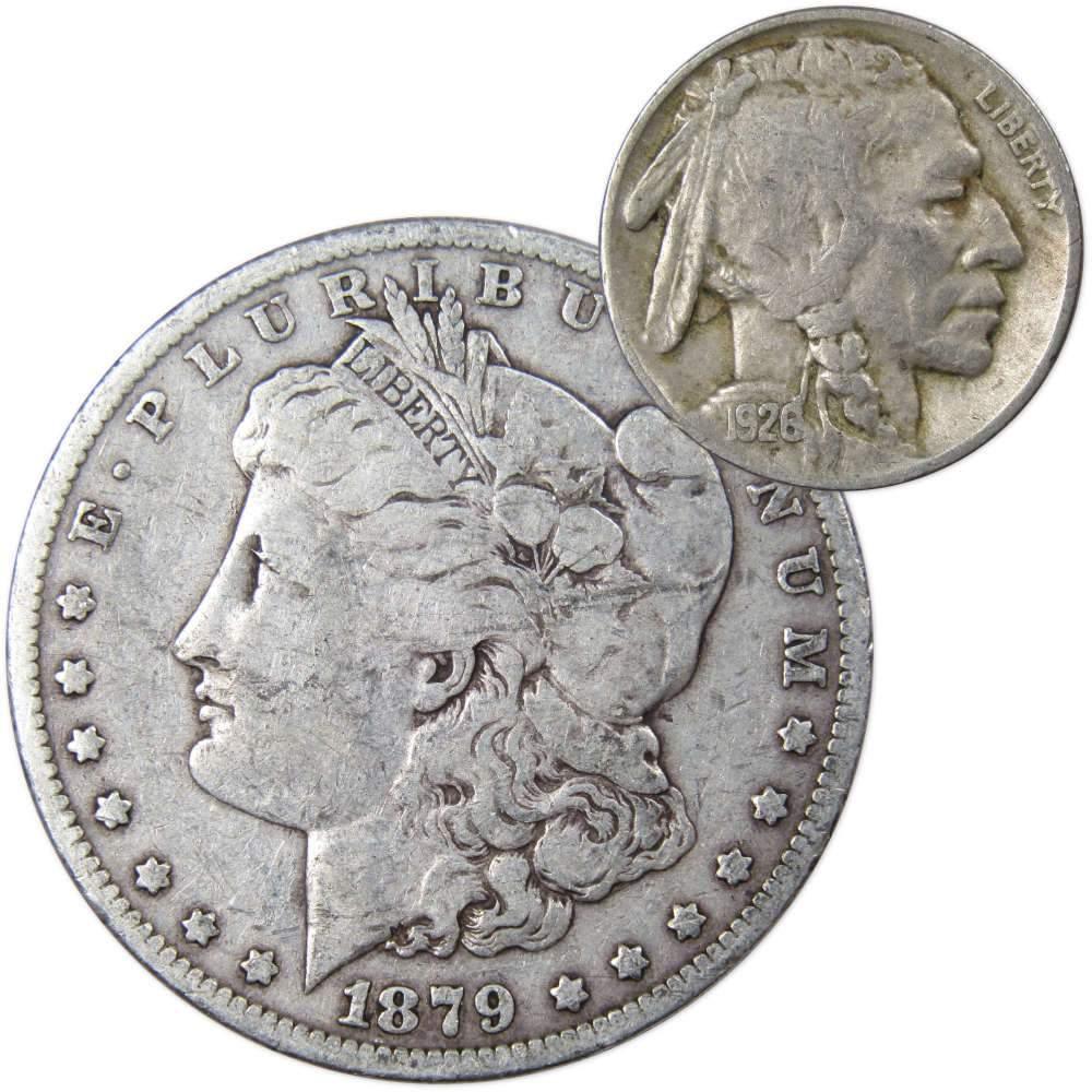 1879 O Morgan Dollar VG Very Good 90% Silver with 1926 Buffalo Nickel F Fine - Morgan coin - Morgan silver dollar - Morgan silver dollar for sale - Profile Coins &amp; Collectibles