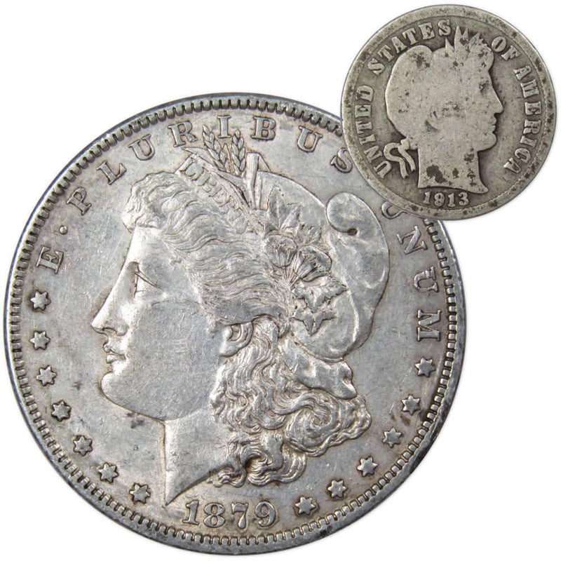 1879 O Morgan Dollar XF EF Extremely Fine with 1913 Barber Dime G Good - Morgan coin - Morgan silver dollar - Morgan silver dollar for sale - Profile Coins &amp; Collectibles