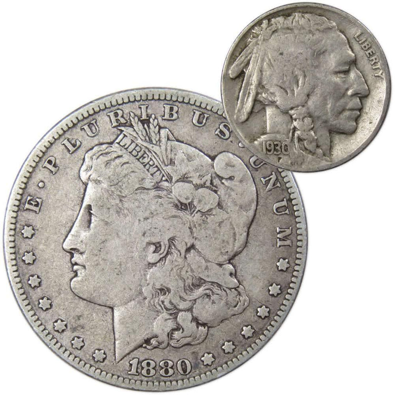 1880 Morgan Dollar VG Very Good 90% Silver with 1930 S Buffalo Nickel F Fine - Morgan coin - Morgan silver dollar - Morgan silver dollar for sale - Profile Coins &amp; Collectibles