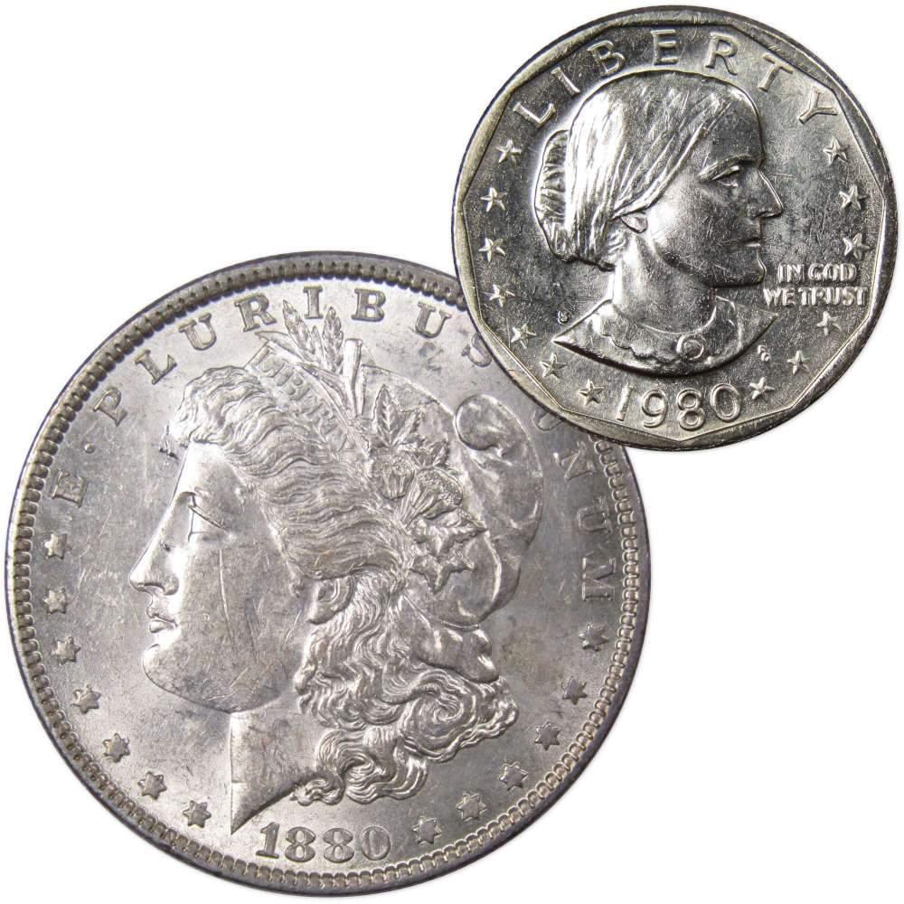 1880 Morgan Dollar AU About Uncirculated with 1980 S SBA$ BU Uncirculated - Morgan coin - Morgan silver dollar - Morgan silver dollar for sale - Profile Coins &amp; Collectibles