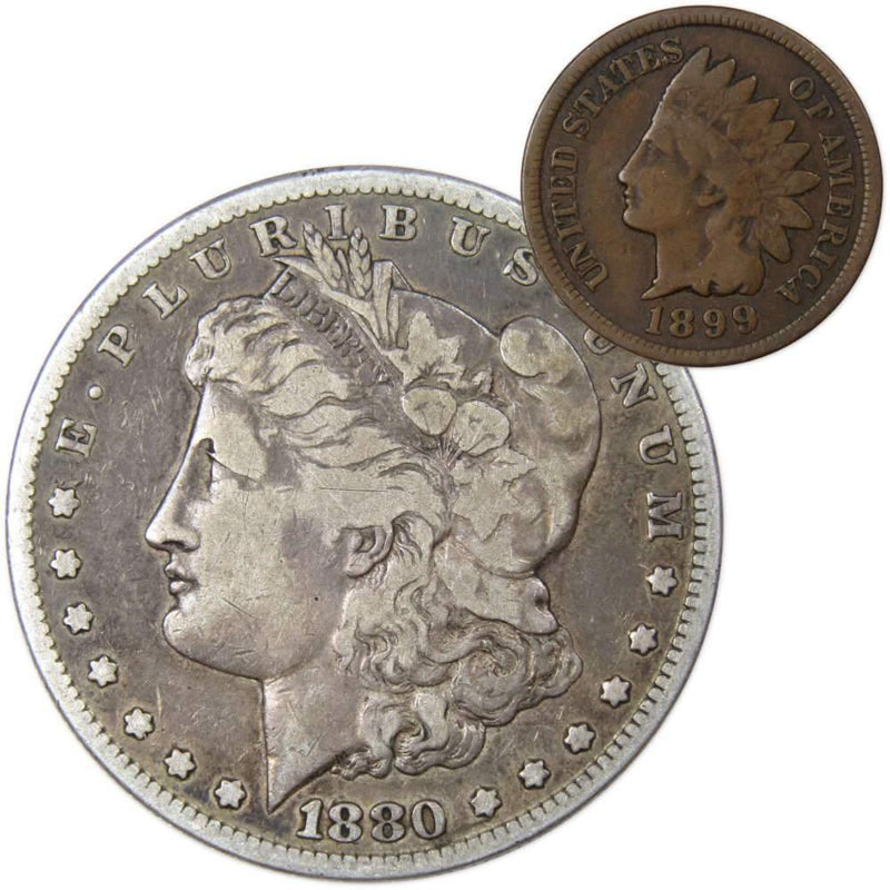 1880 S Morgan Dollar F Fine 90% Silver Coin with 1899 Indian Head Cent G Good - Morgan coin - Morgan silver dollar - Morgan silver dollar for sale - Profile Coins &amp; Collectibles