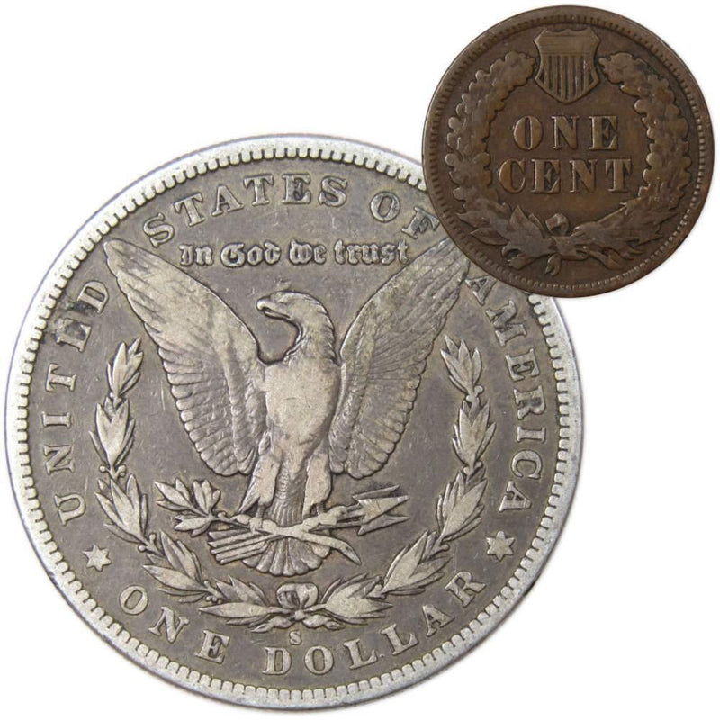 1880 S Morgan Dollar F Fine 90% Silver Coin with 1899 Indian Head Cent G Good - Morgan coin - Morgan silver dollar - Morgan silver dollar for sale - Profile Coins &amp; Collectibles