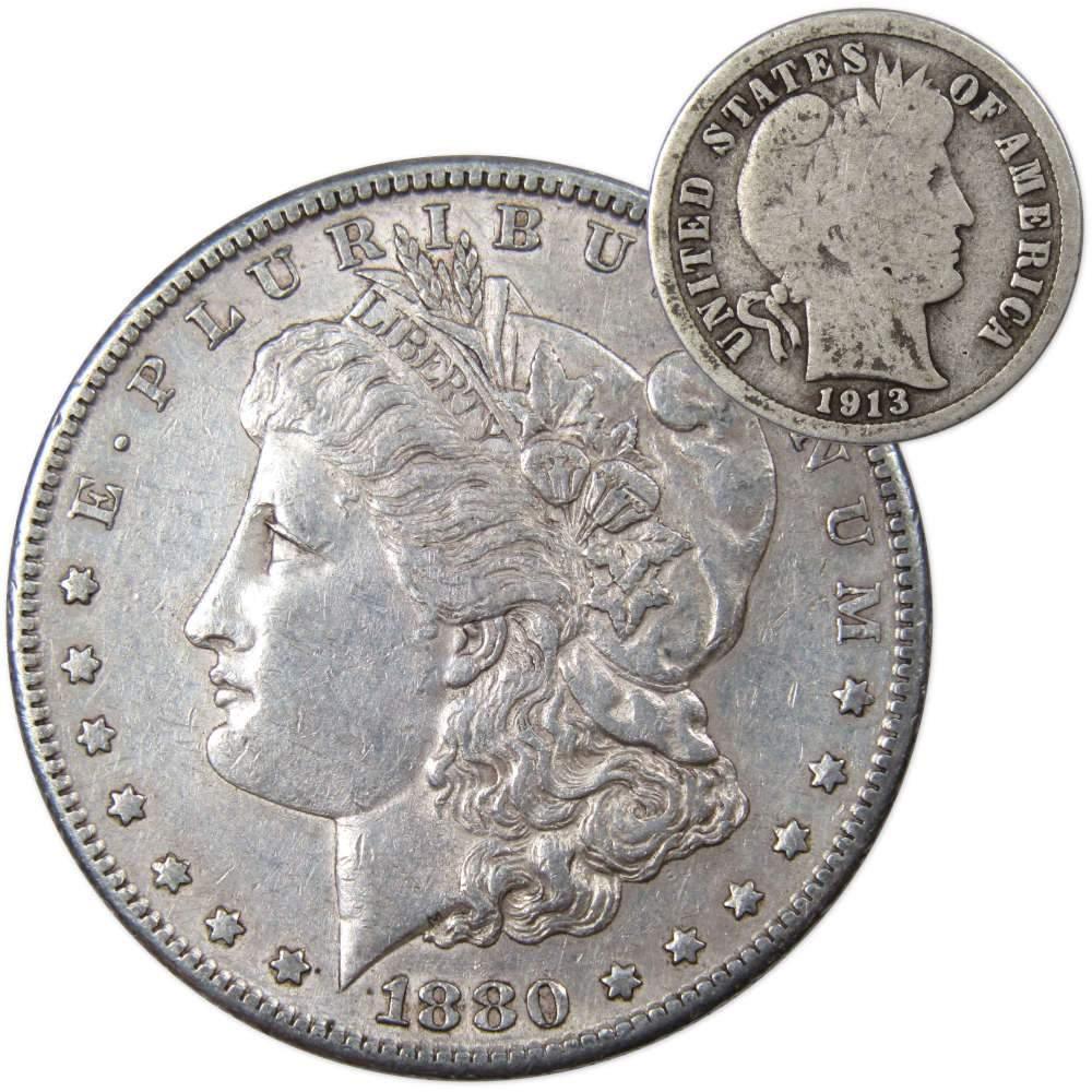 1880 S Morgan Dollar XF EF Extremely Fine with 1913 Barber Dime G Good - Morgan coin - Morgan silver dollar - Morgan silver dollar for sale - Profile Coins &amp; Collectibles