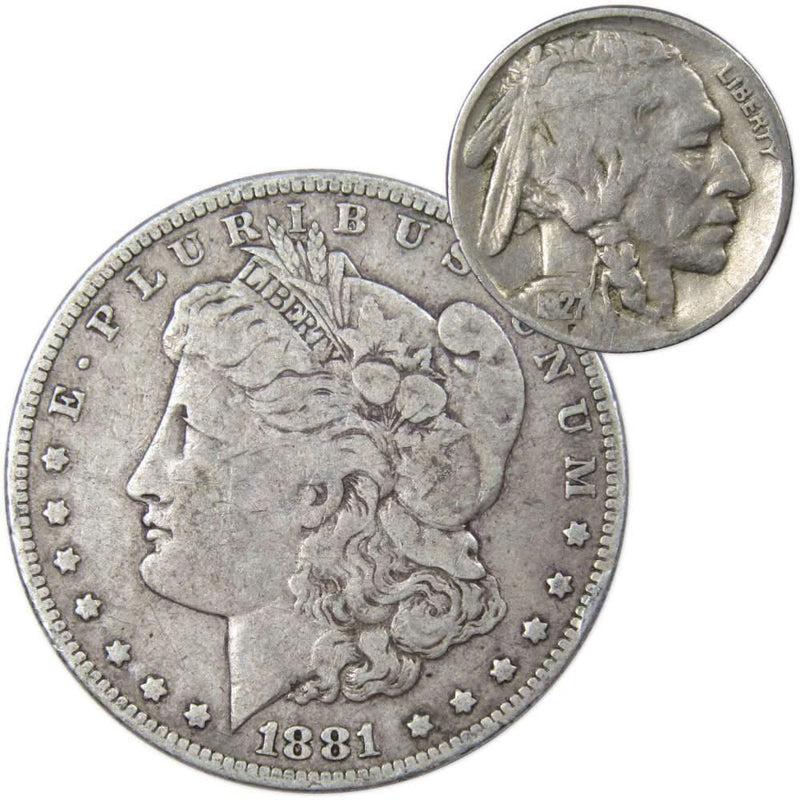 1881 Morgan Dollar VG Very Good 90% Silver Coin with 1927 Buffalo Nickel F Fine - Morgan coin - Morgan silver dollar - Morgan silver dollar for sale - Profile Coins &amp; Collectibles