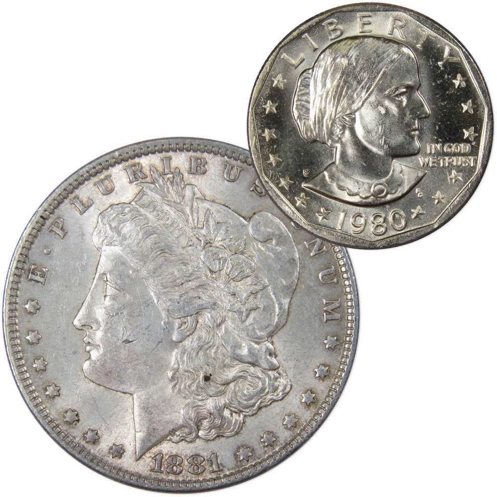 1881 Morgan Dollar AU About Uncirculated with 1980 S SBA$ BU Uncirculated - Morgan coin - Morgan silver dollar - Morgan silver dollar for sale - Profile Coins &amp; Collectibles