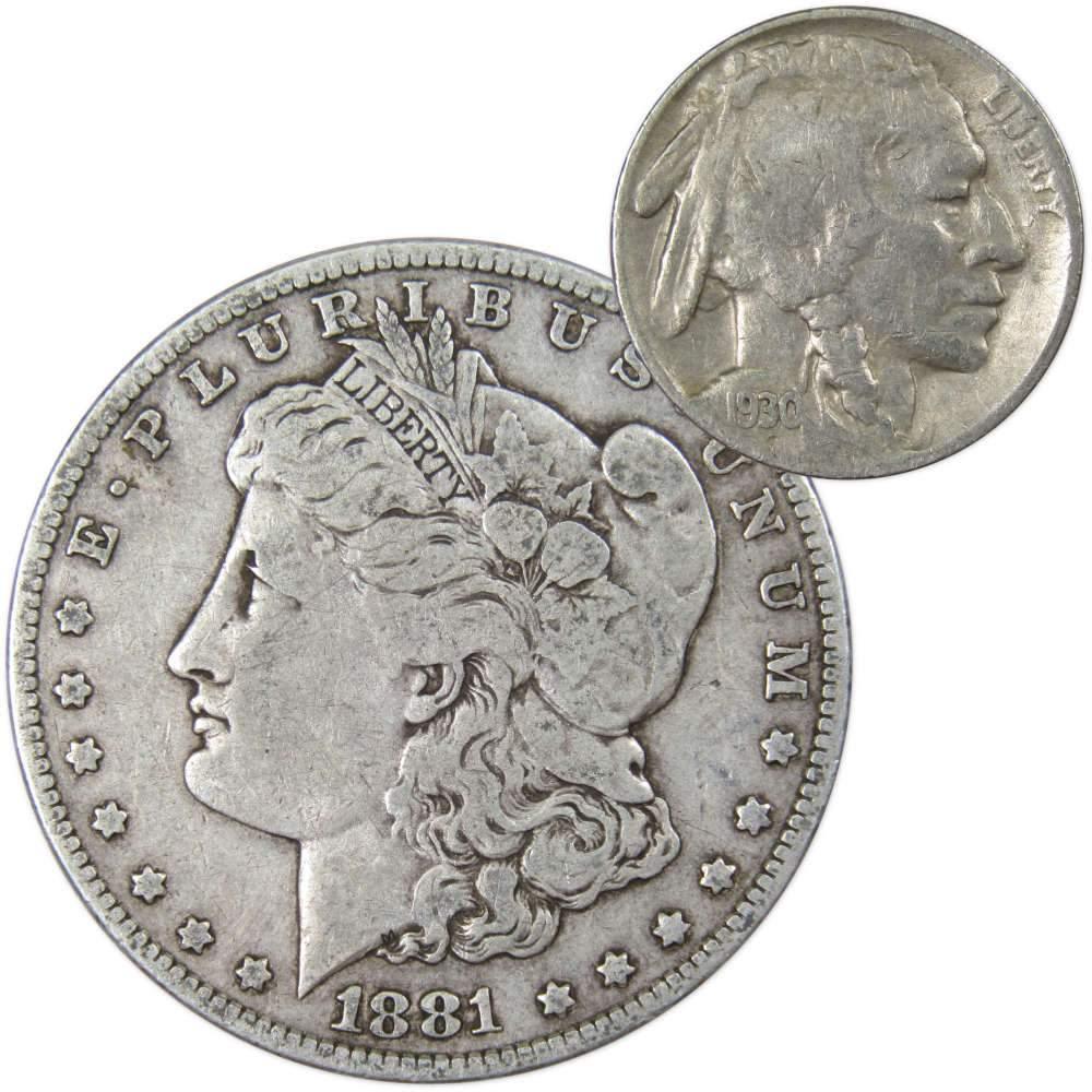 1881 O Morgan Dollar VG Very Good 90% Silver with 1930 S Buffalo Nickel F Fine - Morgan coin - Morgan silver dollar - Morgan silver dollar for sale - Profile Coins &amp; Collectibles
