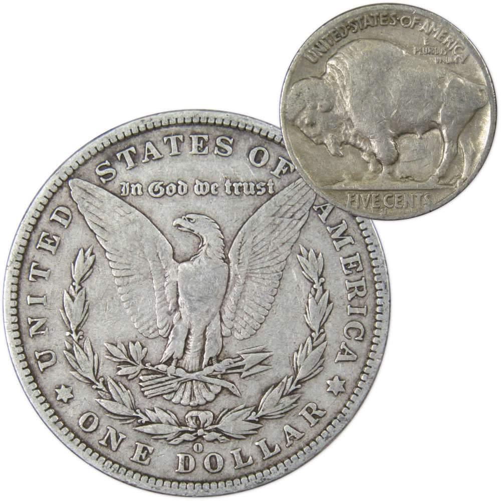 1881 O Morgan Dollar VG Very Good 90% Silver with 1930 S Buffalo Nickel F Fine - Morgan coin - Morgan silver dollar - Morgan silver dollar for sale - Profile Coins &amp; Collectibles