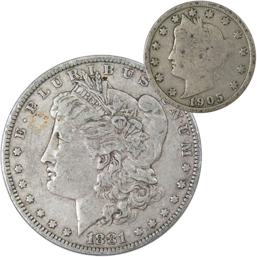 1881 O Morgan Dollar VF Very Fine 90% Silver with 1905 Liberty Nickel G Good - Morgan coin - Morgan silver dollar - Morgan silver dollar for sale - Profile Coins &amp; Collectibles