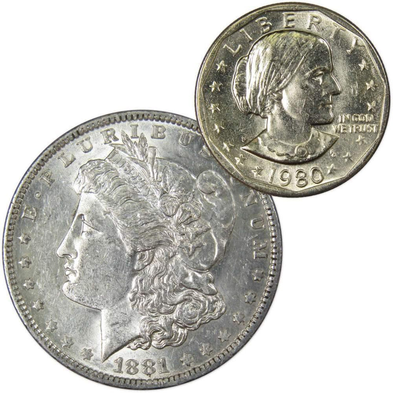1881 O Morgan Dollar AU About Uncirculated with 1980 S SBA$ BU Uncirculated - Morgan coin - Morgan silver dollar - Morgan silver dollar for sale - Profile Coins &amp; Collectibles