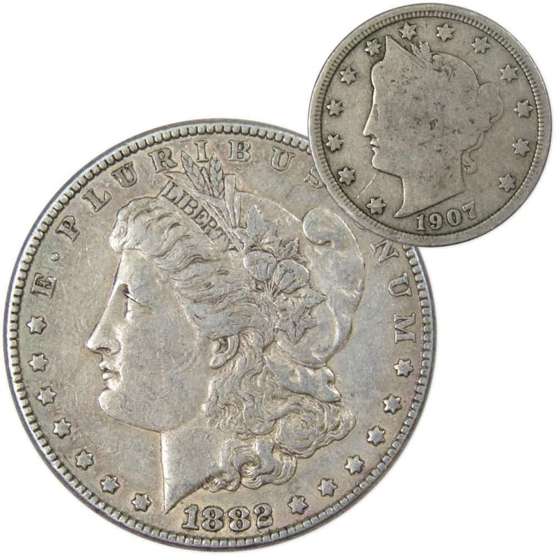 1882 Morgan Dollar VF Very Fine 90% Silver Coin with 1907 Liberty Nickel G Good - Morgan coin - Morgan silver dollar - Morgan silver dollar for sale - Profile Coins &amp; Collectibles