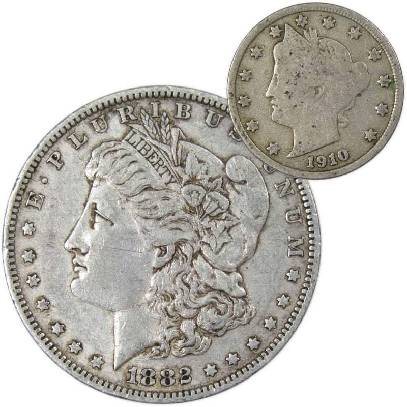 1882 O Morgan Dollar VF Very Fine 90% Silver with 1910 Liberty Nickel G Good - Morgan coin - Morgan silver dollar - Morgan silver dollar for sale - Profile Coins &amp; Collectibles