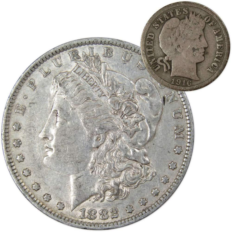 1882 O Morgan Dollar XF EF Extremely Fine with 1916 Barber Dime G Good - Morgan coin - Morgan silver dollar - Morgan silver dollar for sale - Profile Coins &amp; Collectibles