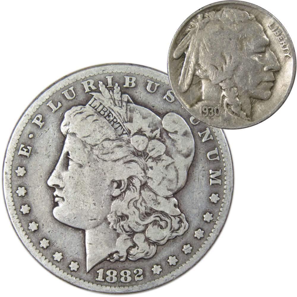 1882 S Morgan Dollar VG Very Good 90% Silver with 1930 S Buffalo Nickel F Fine - Morgan coin - Morgan silver dollar - Morgan silver dollar for sale - Profile Coins &amp; Collectibles