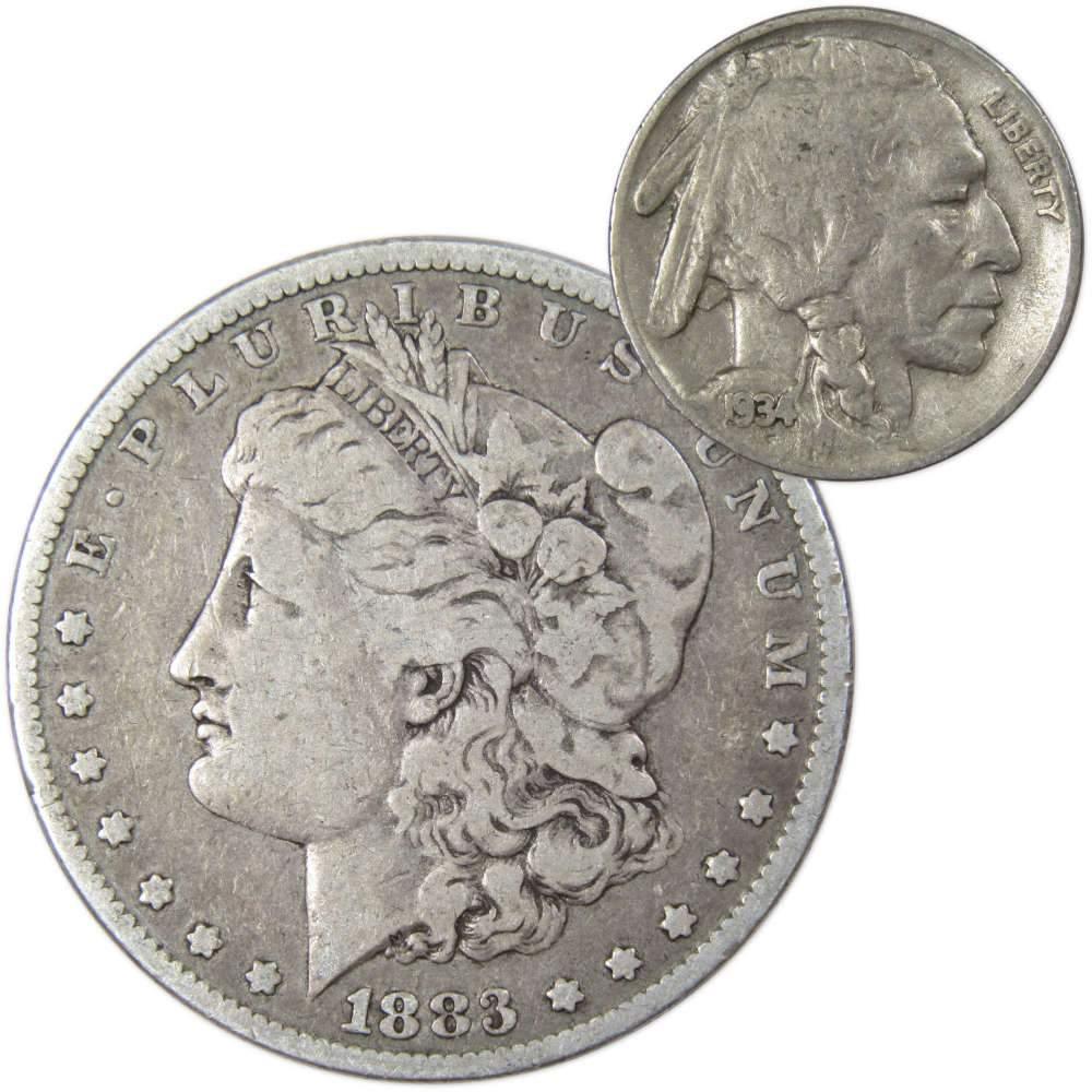 1883 Morgan Dollar VG Very Good 90% Silver Coin with 1934 Buffalo Nickel F Fine - Morgan coin - Morgan silver dollar - Morgan silver dollar for sale - Profile Coins &amp; Collectibles