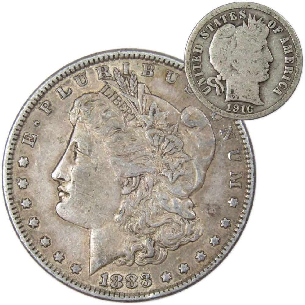 1883 Morgan Dollar XF EF Extremely Fine 90% Silver with 1916 Barber Dime G Good - Morgan coin - Morgan silver dollar - Morgan silver dollar for sale - Profile Coins &amp; Collectibles
