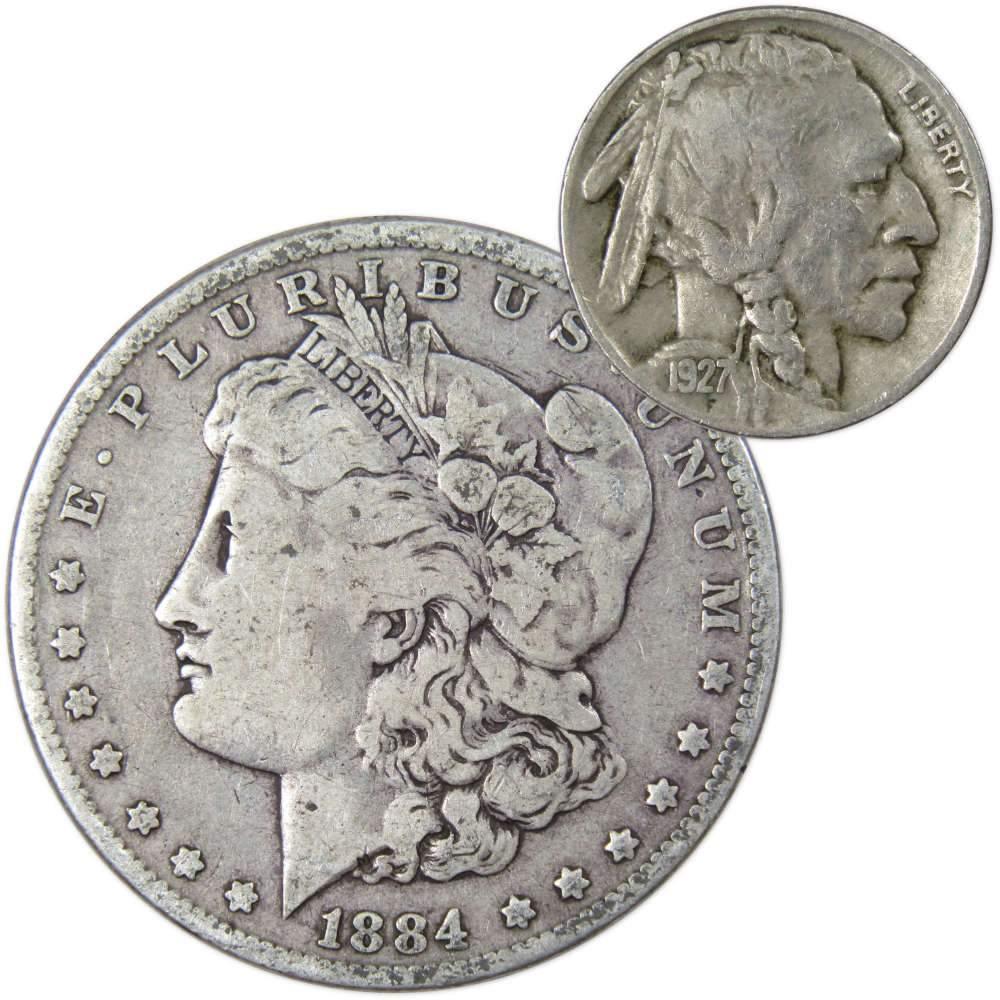 1884 Morgan Dollar VG Very Good 90% Silver Coin with 1927 Buffalo Nickel F Fine - Morgan coin - Morgan silver dollar - Morgan silver dollar for sale - Profile Coins &amp; Collectibles