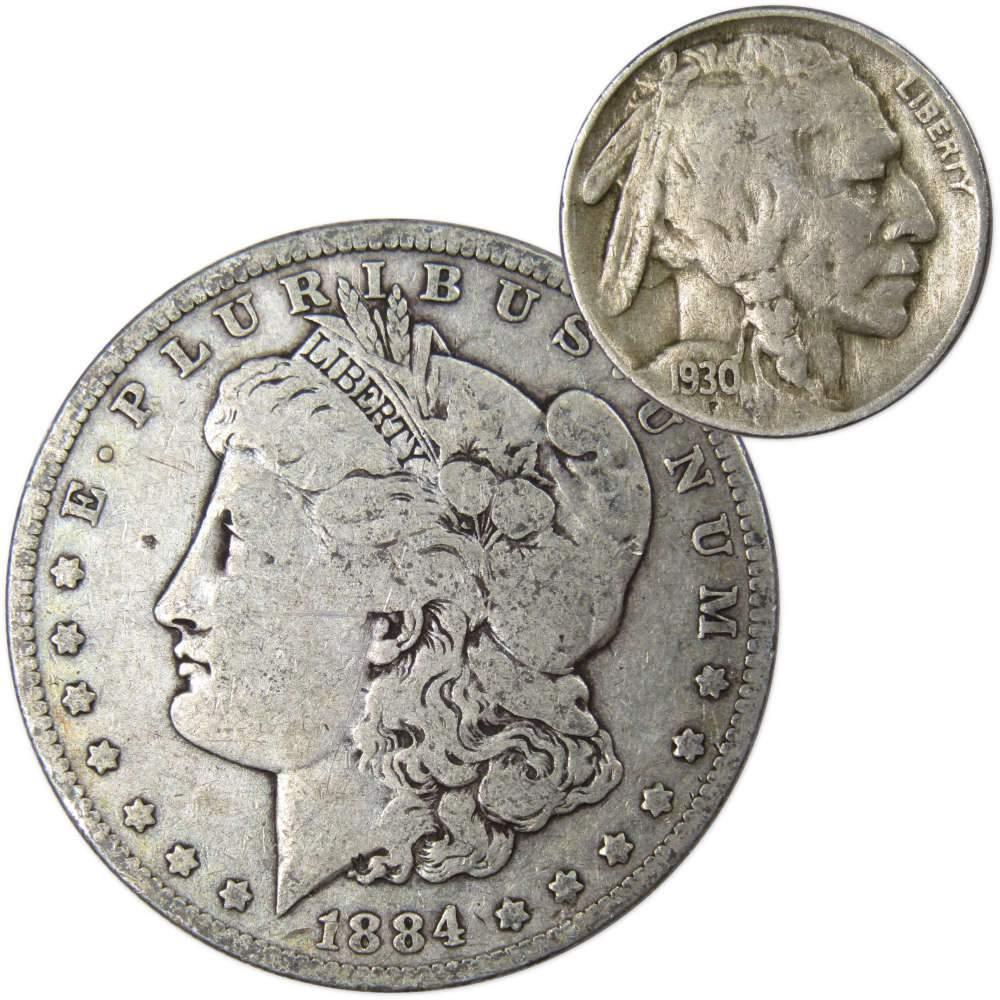 1884 O Morgan Dollar VG Very Good 90% Silver with 1930 S Buffalo Nickel F Fine - Morgan coin - Morgan silver dollar - Morgan silver dollar for sale - Profile Coins &amp; Collectibles