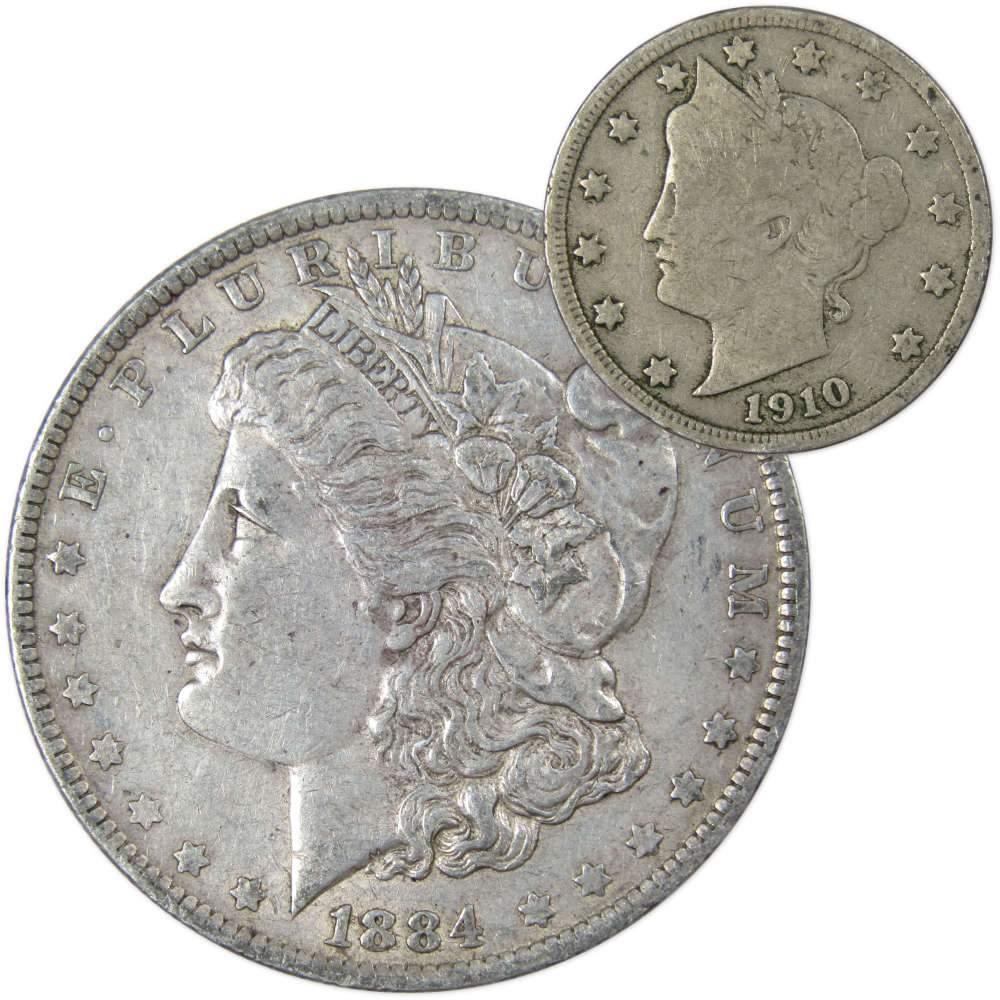 1884 O Morgan Dollar VF Very Fine 90% Silver with 1910 Liberty Nickel G Good - Morgan coin - Morgan silver dollar - Morgan silver dollar for sale - Profile Coins &amp; Collectibles