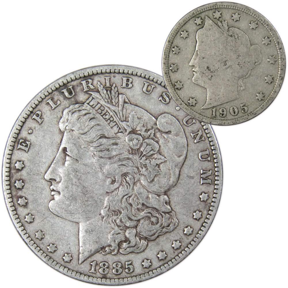 1885 O Morgan Dollar VF Very Fine 90% Silver with 1905 Liberty Nickel G Good - Morgan coin - Morgan silver dollar - Morgan silver dollar for sale - Profile Coins &amp; Collectibles