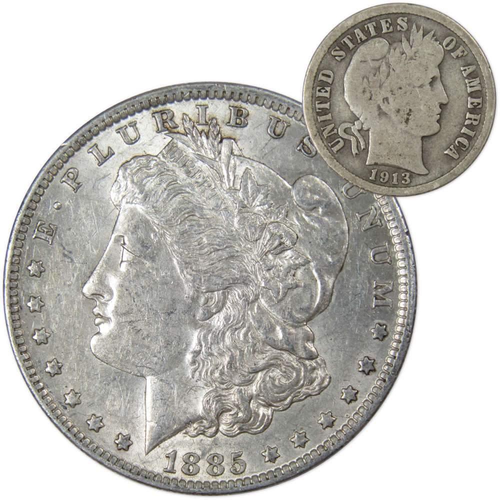 1885 O Morgan Dollar XF EF Extremely Fine with 1913 Barber Dime G Good - Morgan coin - Morgan silver dollar - Morgan silver dollar for sale - Profile Coins &amp; Collectibles