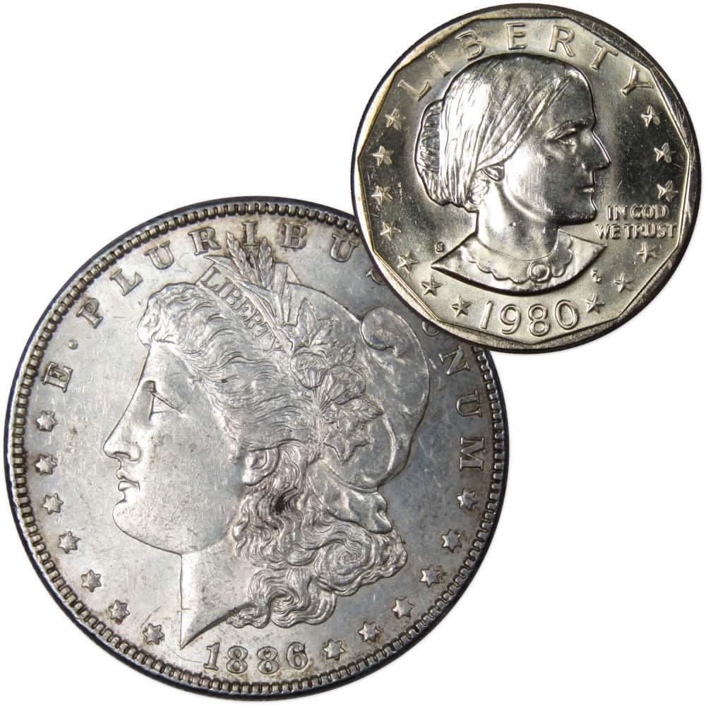 1886 Morgan Dollar AU About Uncirculated with 1980 S SBA$ BU Uncirculated - Morgan coin - Morgan silver dollar - Morgan silver dollar for sale - Profile Coins &amp; Collectibles