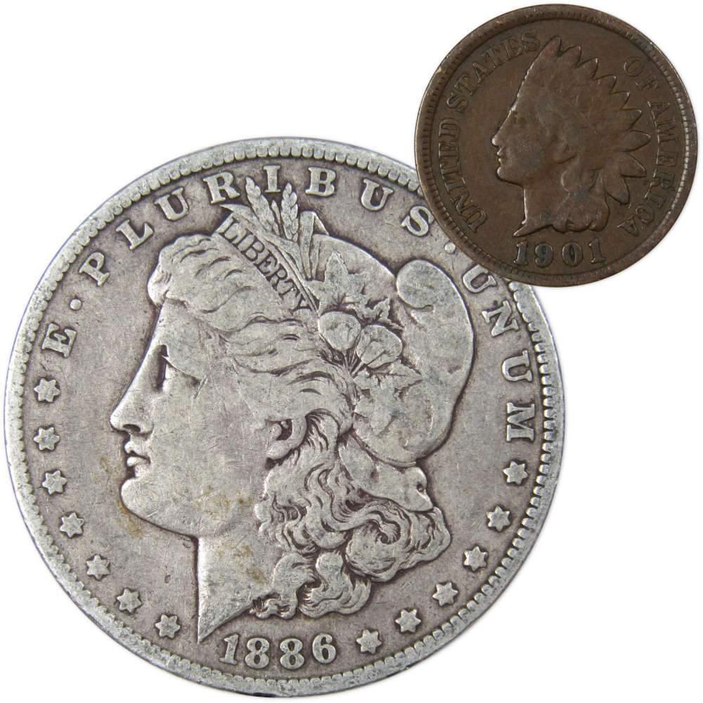 1886 O Morgan Dollar F Fine 90% Silver Coin with 1901 Indian Head Cent G Good - Morgan coin - Morgan silver dollar - Morgan silver dollar for sale - Profile Coins &amp; Collectibles