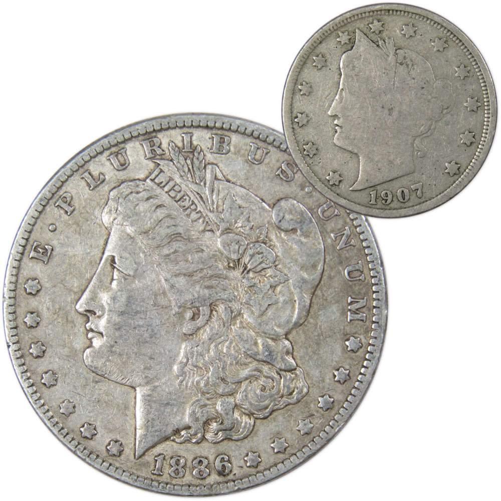 1886 O Morgan Dollar VF Very Fine 90% Silver with 1907 Liberty Nickel G Good - Morgan coin - Morgan silver dollar - Morgan silver dollar for sale - Profile Coins &amp; Collectibles
