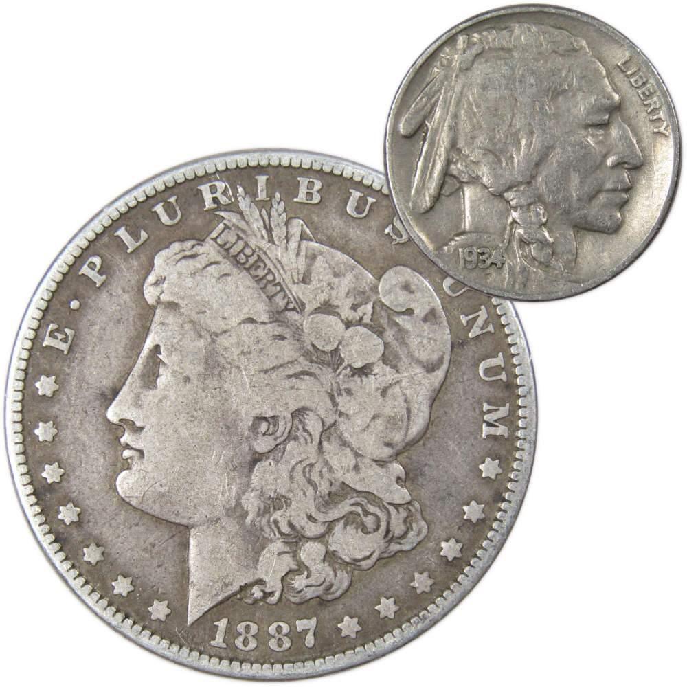 1887 Morgan Dollar VG Very Good 90% Silver Coin with 1934 Buffalo Nickel F Fine - Morgan coin - Morgan silver dollar - Morgan silver dollar for sale - Profile Coins &amp; Collectibles