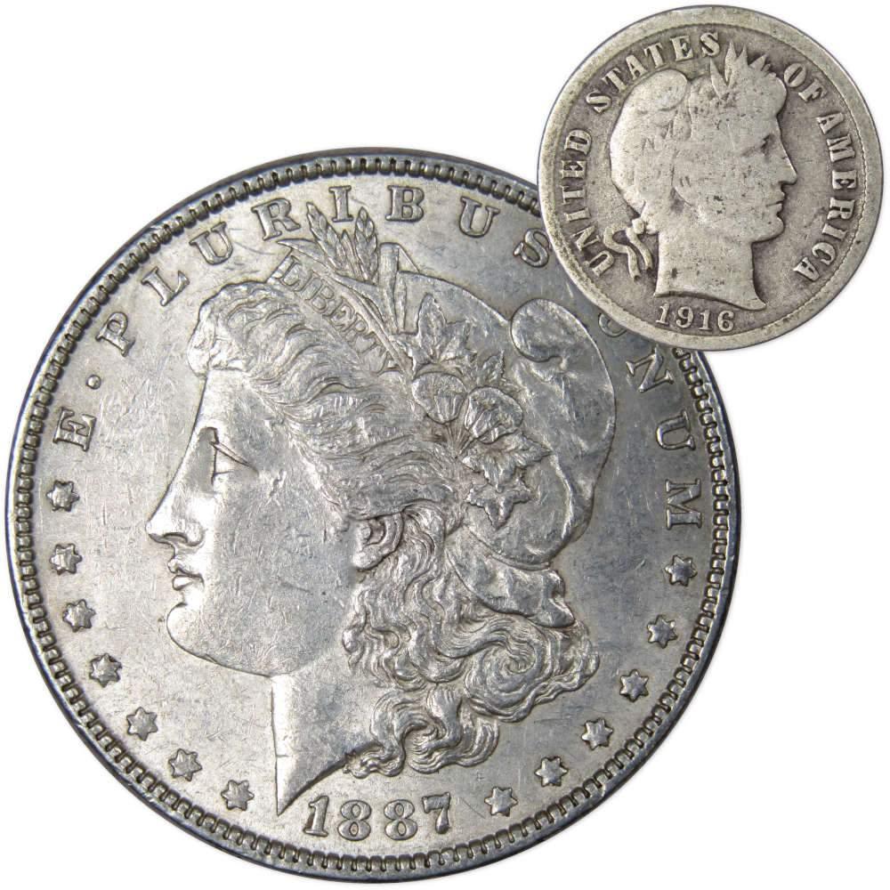 1887 Morgan Dollar XF EF Extremely Fine 90% Silver with 1916 Barber Dime G Good - Morgan coin - Morgan silver dollar - Morgan silver dollar for sale - Profile Coins &amp; Collectibles