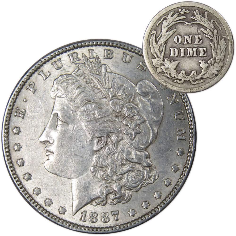 1887 Morgan Dollar XF EF Extremely Fine 90% Silver with 1916 Barber Dime G Good - Morgan coin - Morgan silver dollar - Morgan silver dollar for sale - Profile Coins &amp; Collectibles