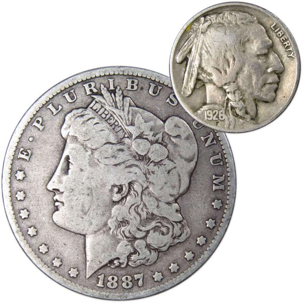 1887 O Morgan Dollar VG Very Good 90% Silver with 1926 Buffalo Nickel F Fine - Morgan coin - Morgan silver dollar - Morgan silver dollar for sale - Profile Coins &amp; Collectibles