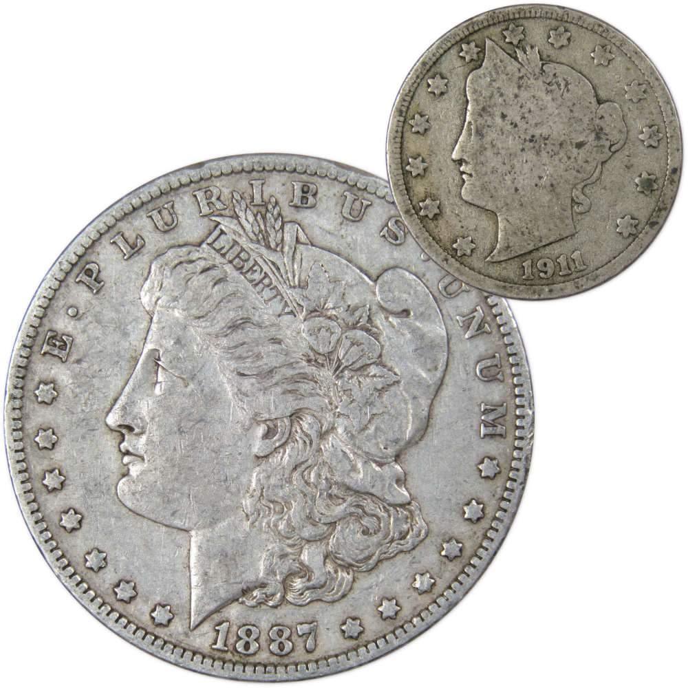 1887 O Morgan Dollar VF Very Fine 90% Silver with 1911 Liberty Nickel G Good - Morgan coin - Morgan silver dollar - Morgan silver dollar for sale - Profile Coins &amp; Collectibles