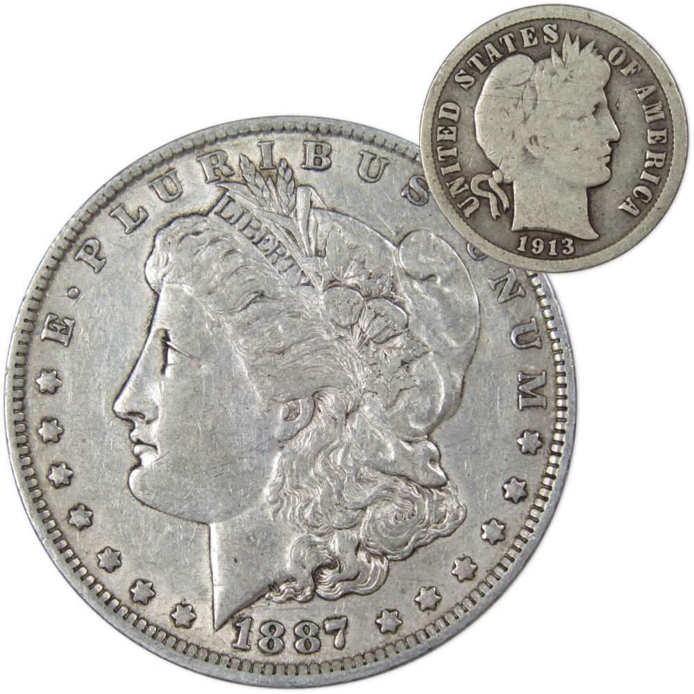1887 O Morgan Dollar XF EF Extremely Fine with 1913 Barber Dime G Good - Morgan coin - Morgan silver dollar - Morgan silver dollar for sale - Profile Coins &amp; Collectibles