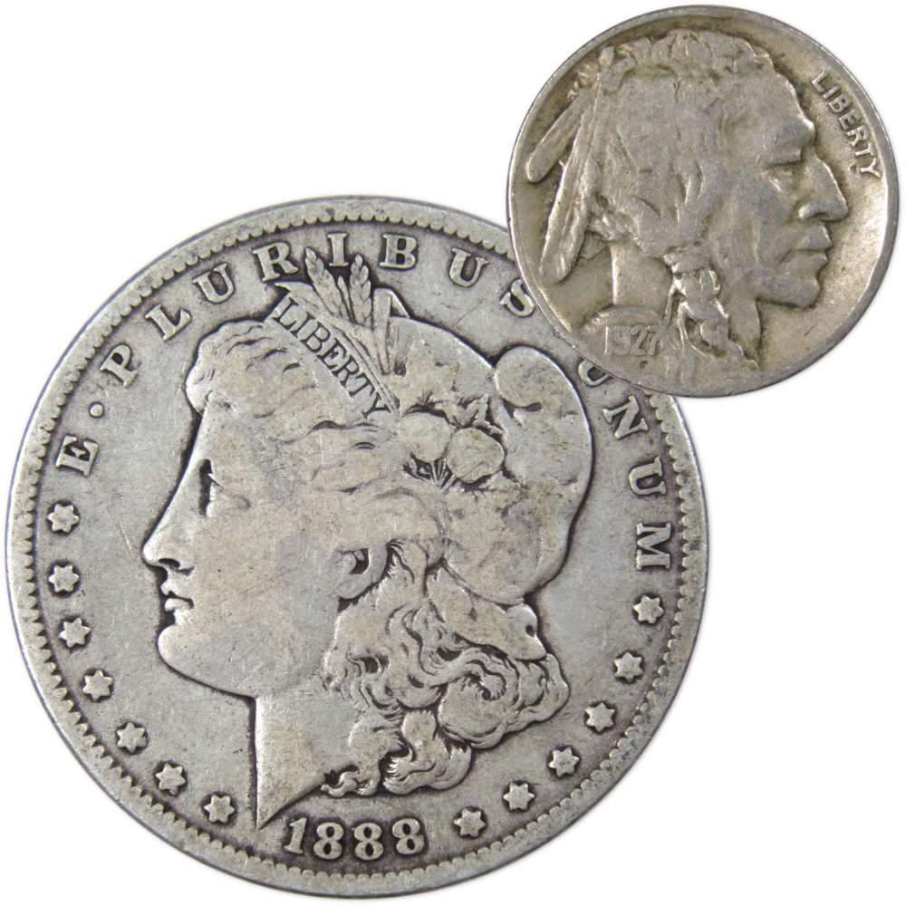 1888 Morgan Dollar VG Very Good 90% Silver Coin with 1927 Buffalo Nickel F Fine - Morgan coin - Morgan silver dollar - Morgan silver dollar for sale - Profile Coins &amp; Collectibles