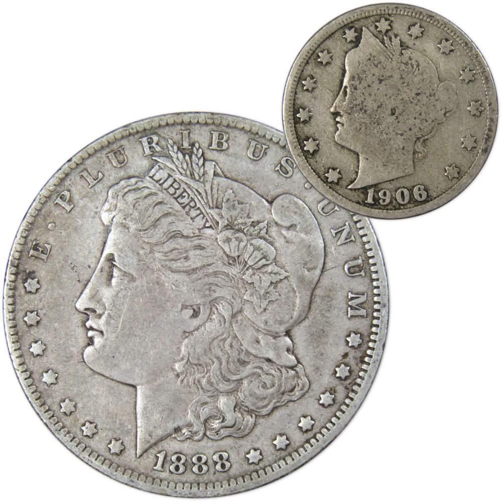 1888 O Morgan Dollar VF Very Fine 90% Silver with 1906 Liberty Nickel G Good - Morgan coin - Morgan silver dollar - Morgan silver dollar for sale - Profile Coins &amp; Collectibles