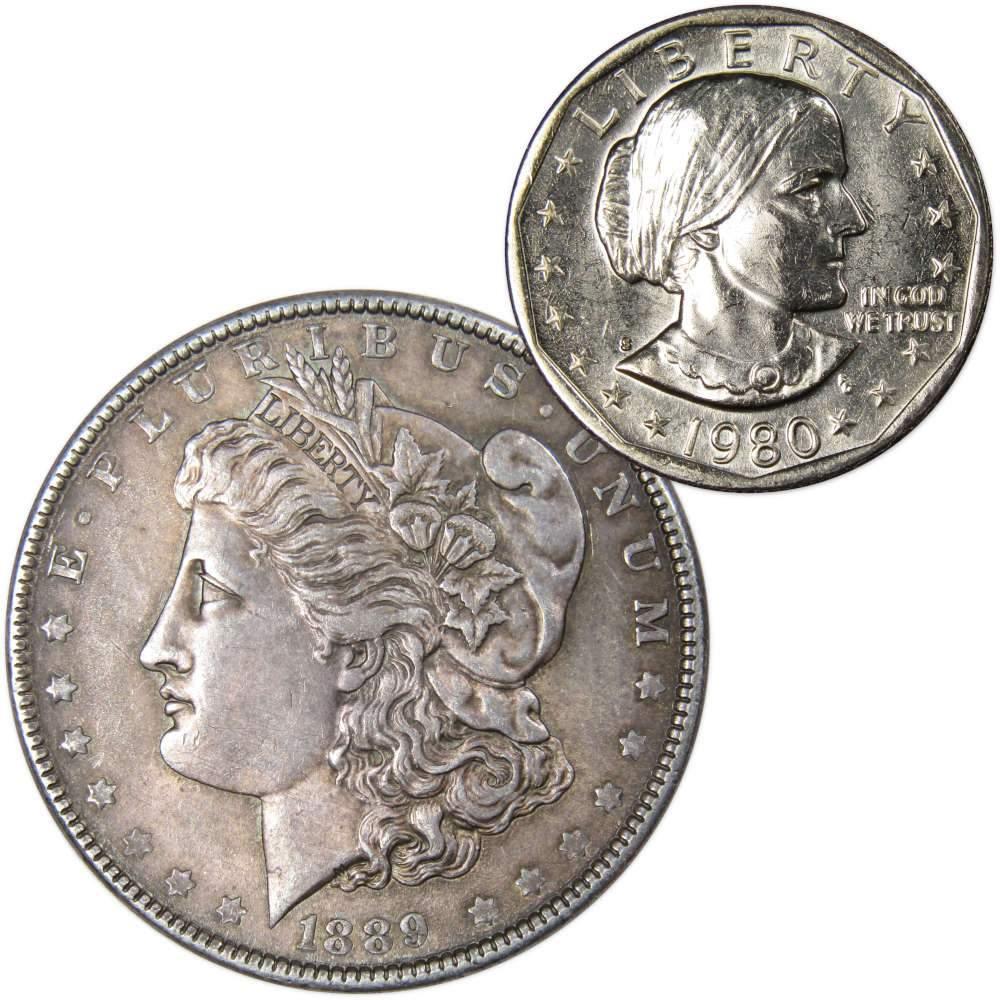 1889 Morgan Dollar AU About Uncirculated with 1980 S SBA$ BU Uncirculated - Morgan coin - Morgan silver dollar - Morgan silver dollar for sale - Profile Coins &amp; Collectibles