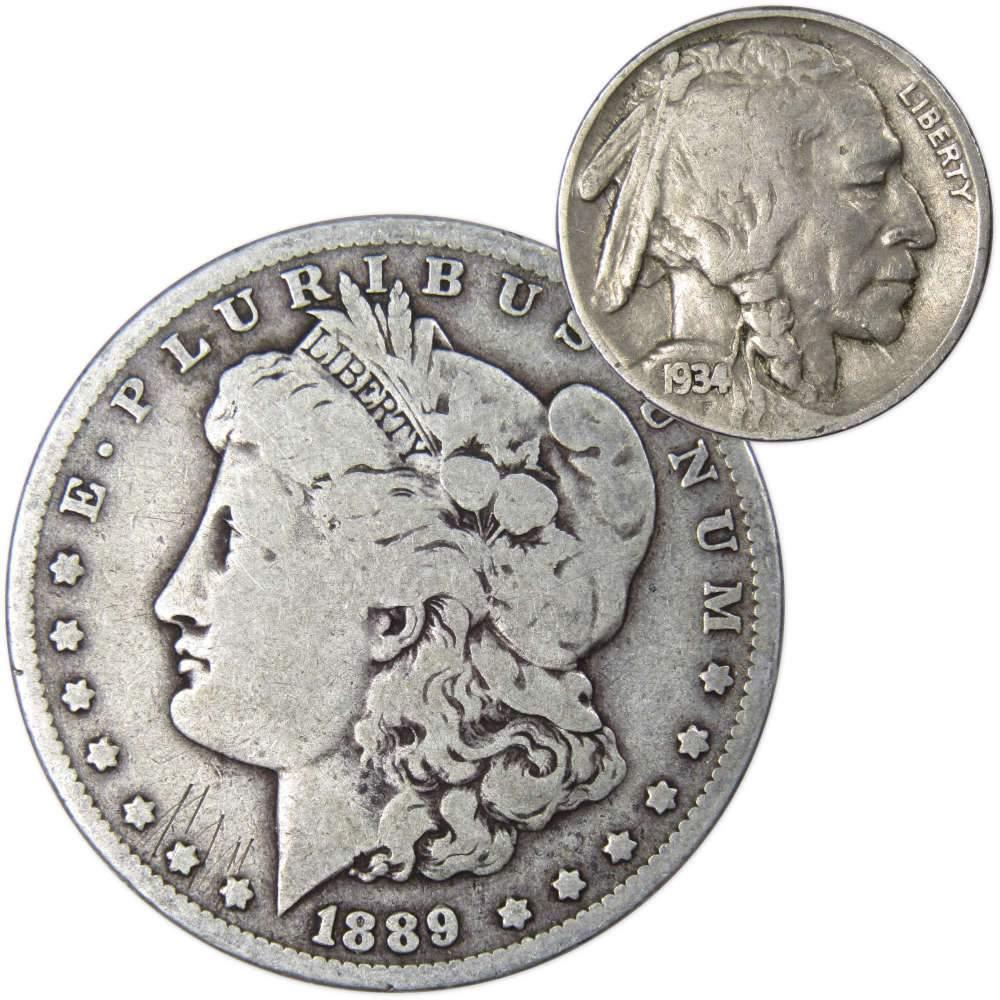 1889 O Morgan Dollar VG Very Good 90% Silver with 1934 Buffalo Nickel F Fine - Morgan coin - Morgan silver dollar - Morgan silver dollar for sale - Profile Coins &amp; Collectibles
