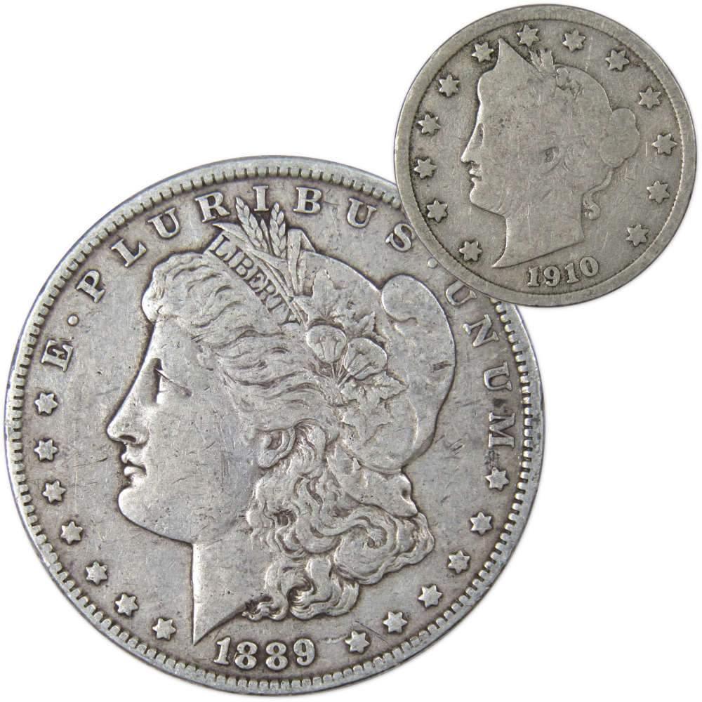 1889 O Morgan Dollar VF Very Fine 90% Silver with 1910 Liberty Nickel G Good - Morgan coin - Morgan silver dollar - Morgan silver dollar for sale - Profile Coins &amp; Collectibles