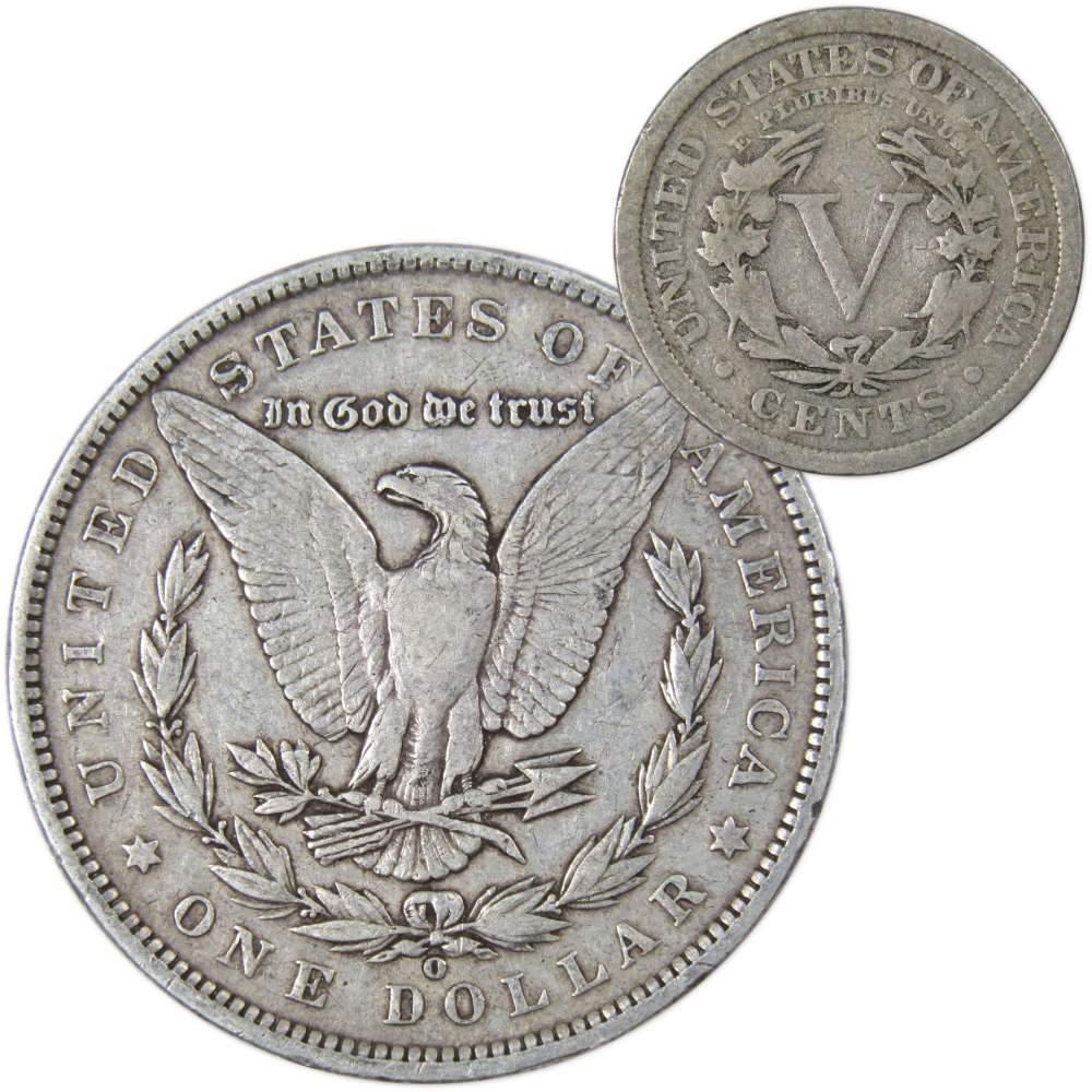 1889 O Morgan Dollar VF Very Fine 90% Silver with 1910 Liberty Nickel G Good - Morgan coin - Morgan silver dollar - Morgan silver dollar for sale - Profile Coins &amp; Collectibles