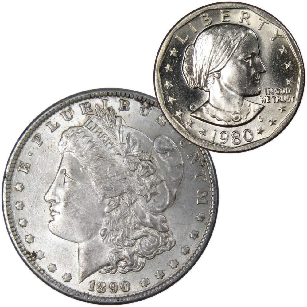 1890 Morgan Dollar AU About Uncirculated with 1980 S SBA$ BU Uncirculated - Morgan coin - Morgan silver dollar - Morgan silver dollar for sale - Profile Coins &amp; Collectibles