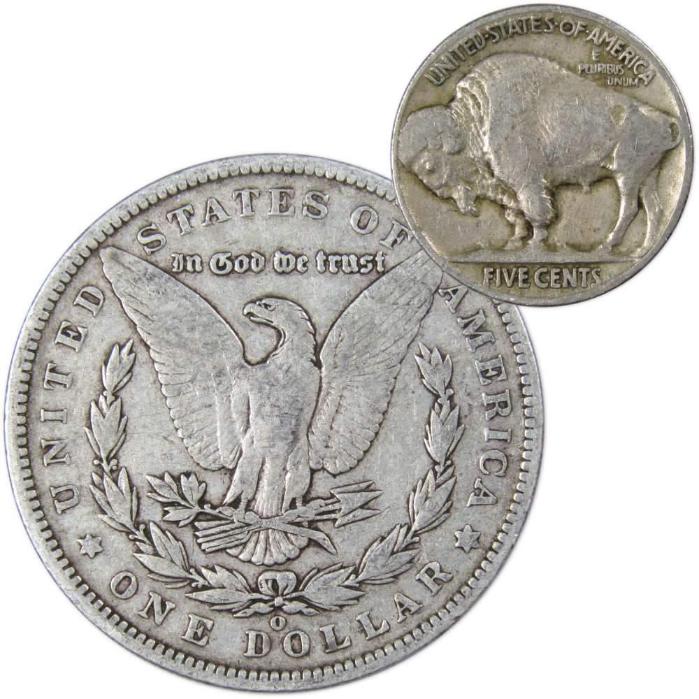 1890 O Morgan Dollar VG Very Good 90% Silver with 1927 Buffalo Nickel F Fine - Morgan coin - Morgan silver dollar - Morgan silver dollar for sale - Profile Coins &amp; Collectibles