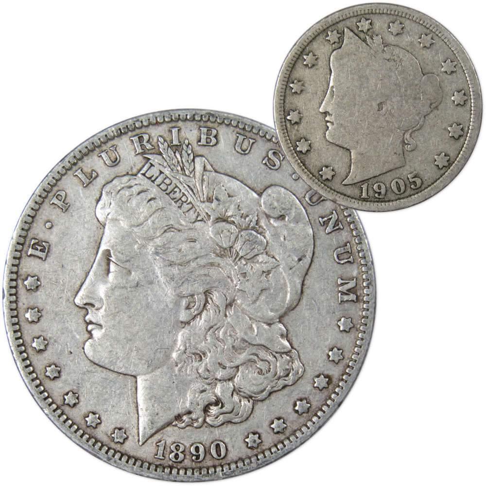1890 O Morgan Dollar VF Very Fine 90% Silver with 1905 Liberty Nickel G Good - Morgan coin - Morgan silver dollar - Morgan silver dollar for sale - Profile Coins &amp; Collectibles