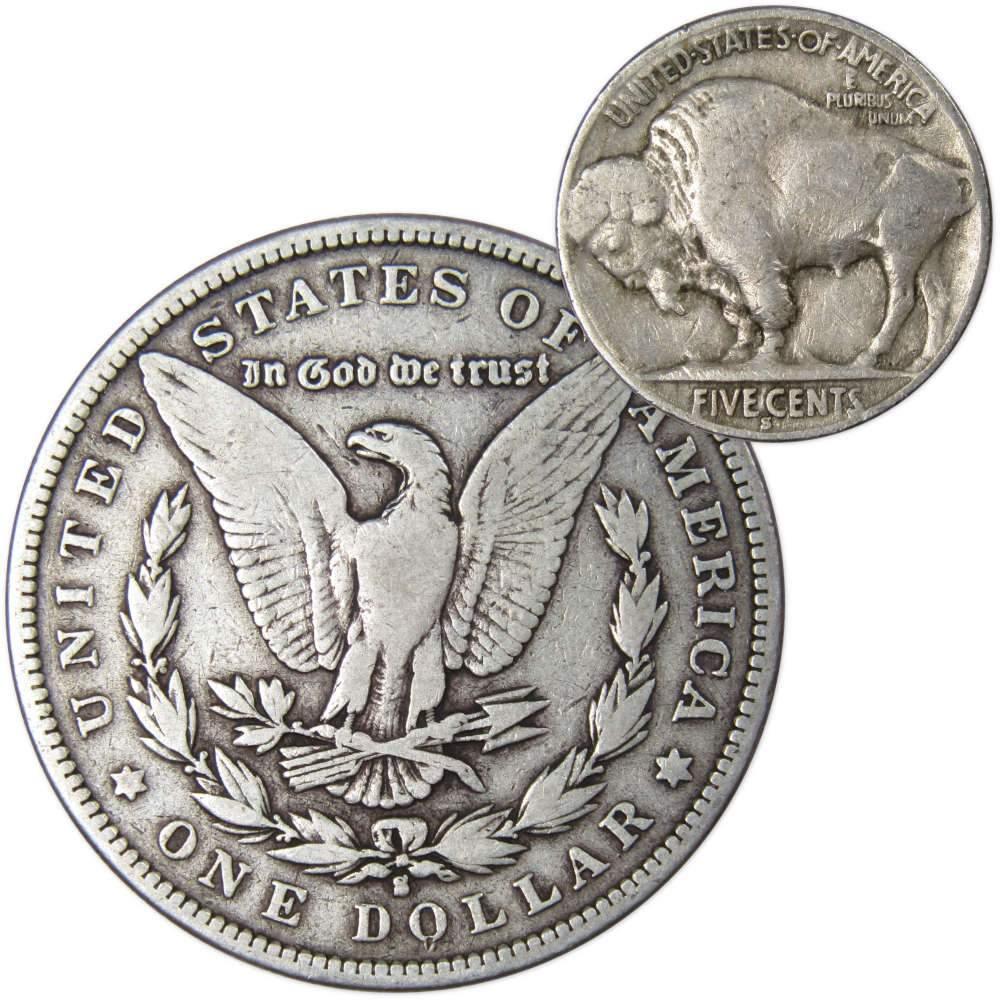 1890 S Morgan Dollar VG Very Good 90% Silver with 1930 S Buffalo Nickel F Fine - Morgan coin - Morgan silver dollar - Morgan silver dollar for sale - Profile Coins &amp; Collectibles