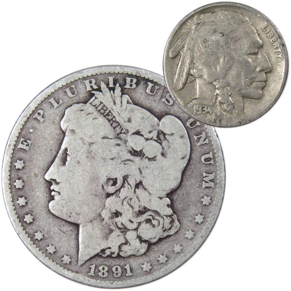1891 Morgan Dollar VG Very Good 90% Silver Coin with 1934 Buffalo Nickel F Fine - Morgan coin - Morgan silver dollar - Morgan silver dollar for sale - Profile Coins &amp; Collectibles