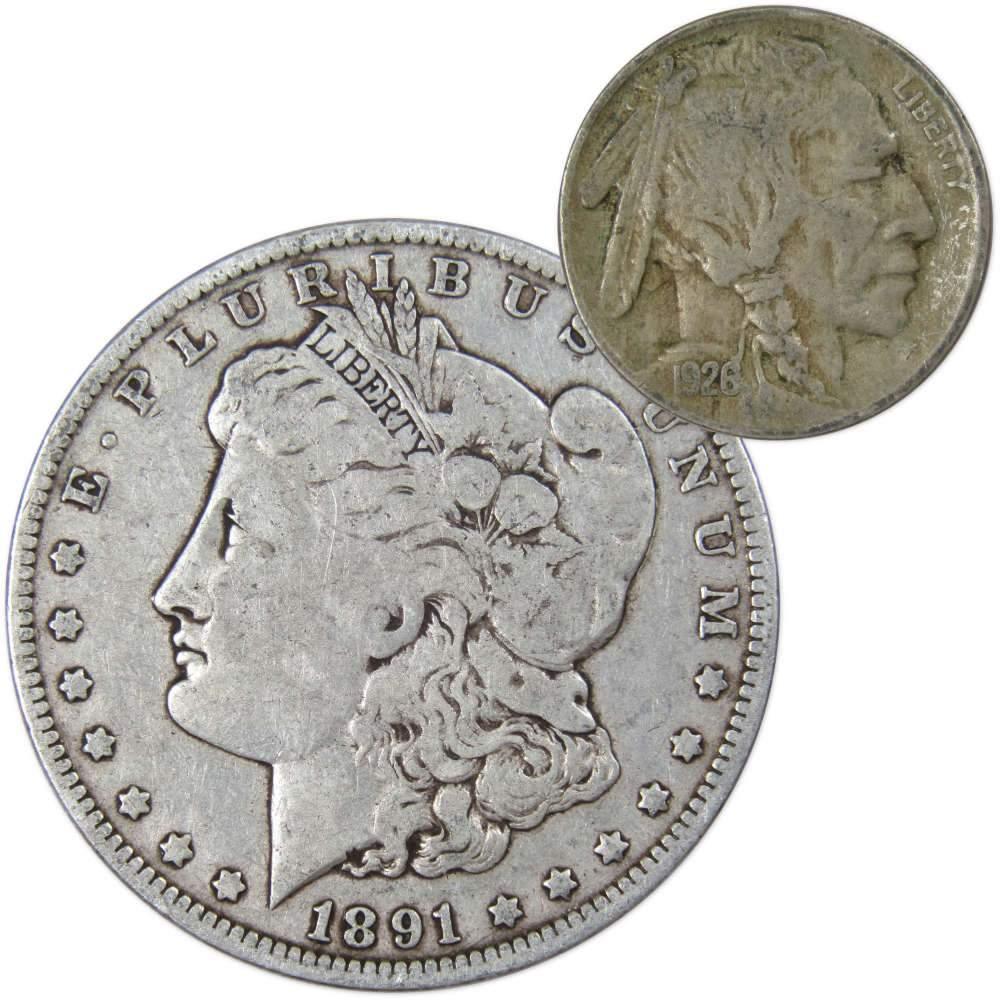 1891 O Morgan Dollar VG Very Good 90% Silver with 1926 Buffalo Nickel F Fine - Morgan coin - Morgan silver dollar - Morgan silver dollar for sale - Profile Coins &amp; Collectibles