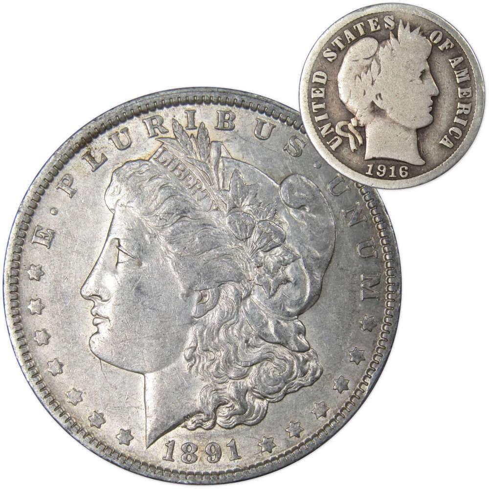 1891 O Morgan Dollar XF EF Extremely Fine with 1916 Barber Dime G Good - Morgan coin - Morgan silver dollar - Morgan silver dollar for sale - Profile Coins &amp; Collectibles