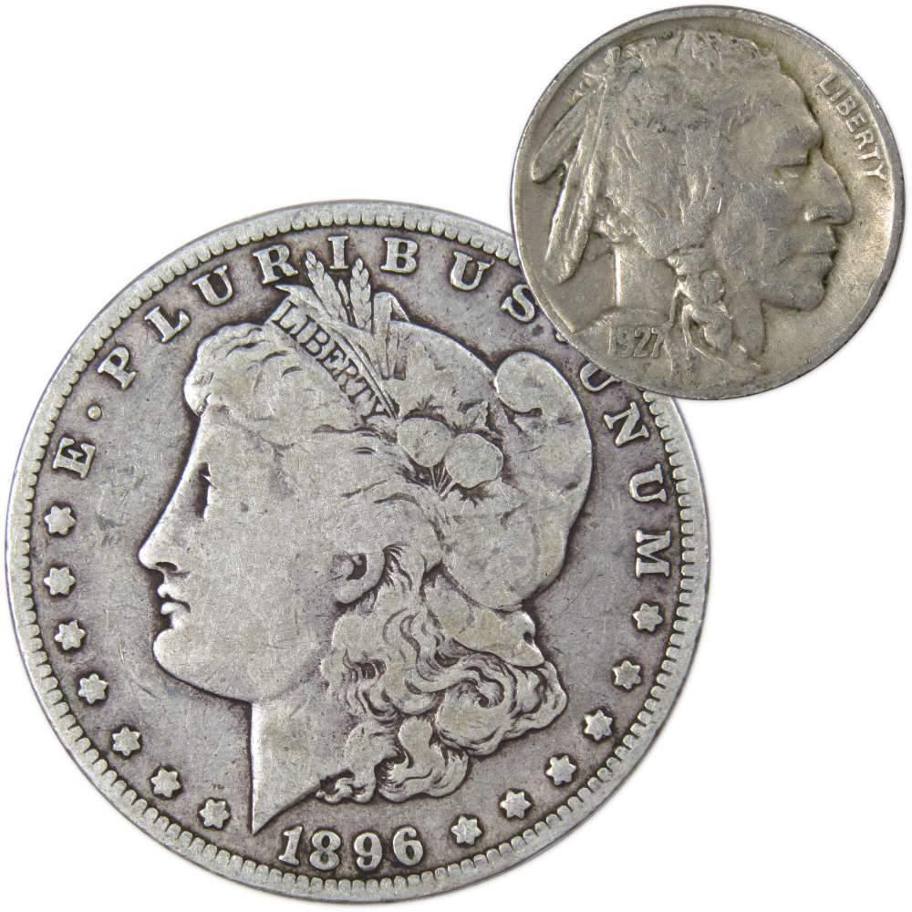1896 O Morgan Dollar VG Very Good 90% Silver with 1927 Buffalo Nickel F Fine - Morgan coin - Morgan silver dollar - Morgan silver dollar for sale - Profile Coins &amp; Collectibles