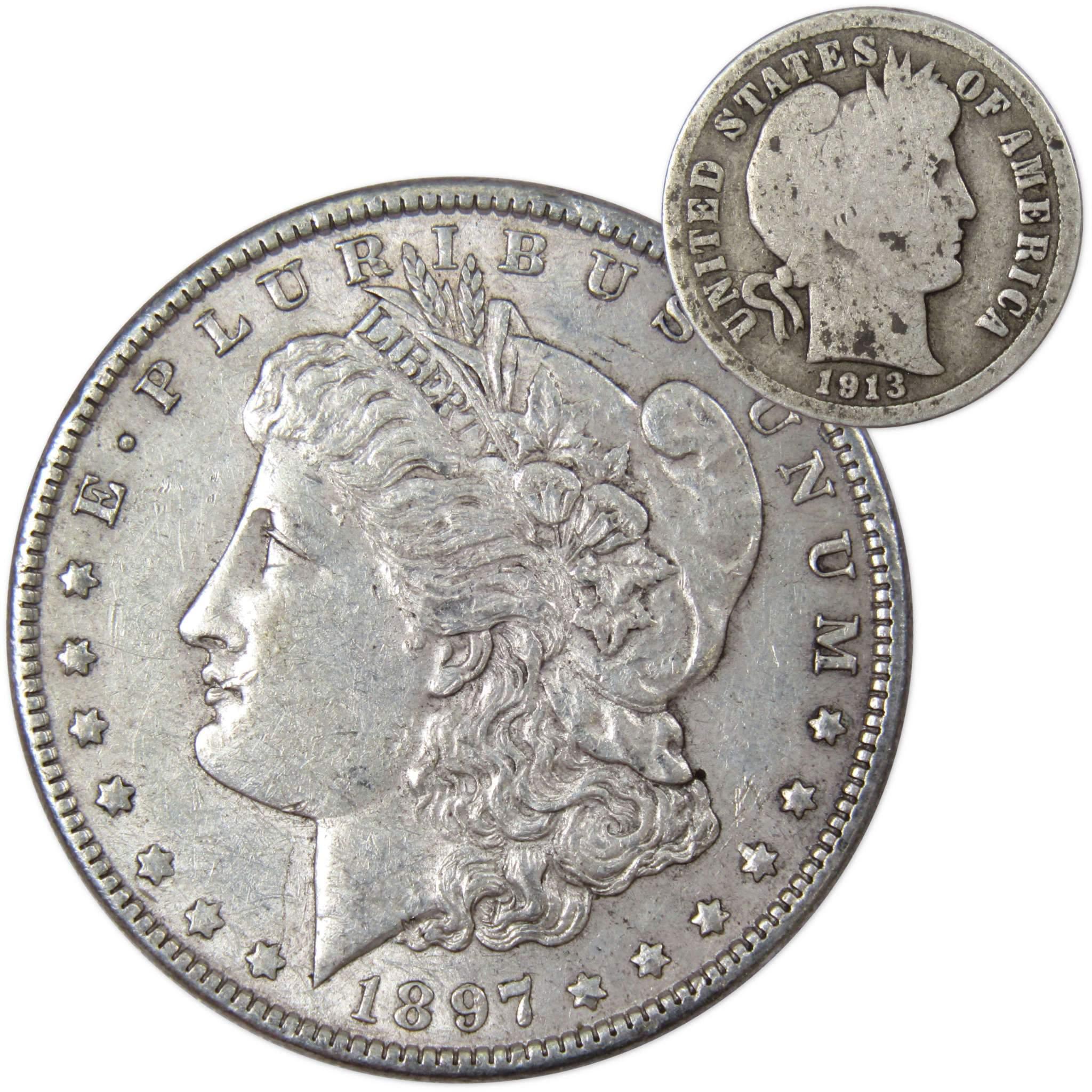 1897 Morgan Dollar XF EF Extremely Fine 90% Silver with 1913 Barber Dime G Good - Morgan coin - Morgan silver dollar - Morgan silver dollar for sale - Profile Coins &amp; Collectibles
